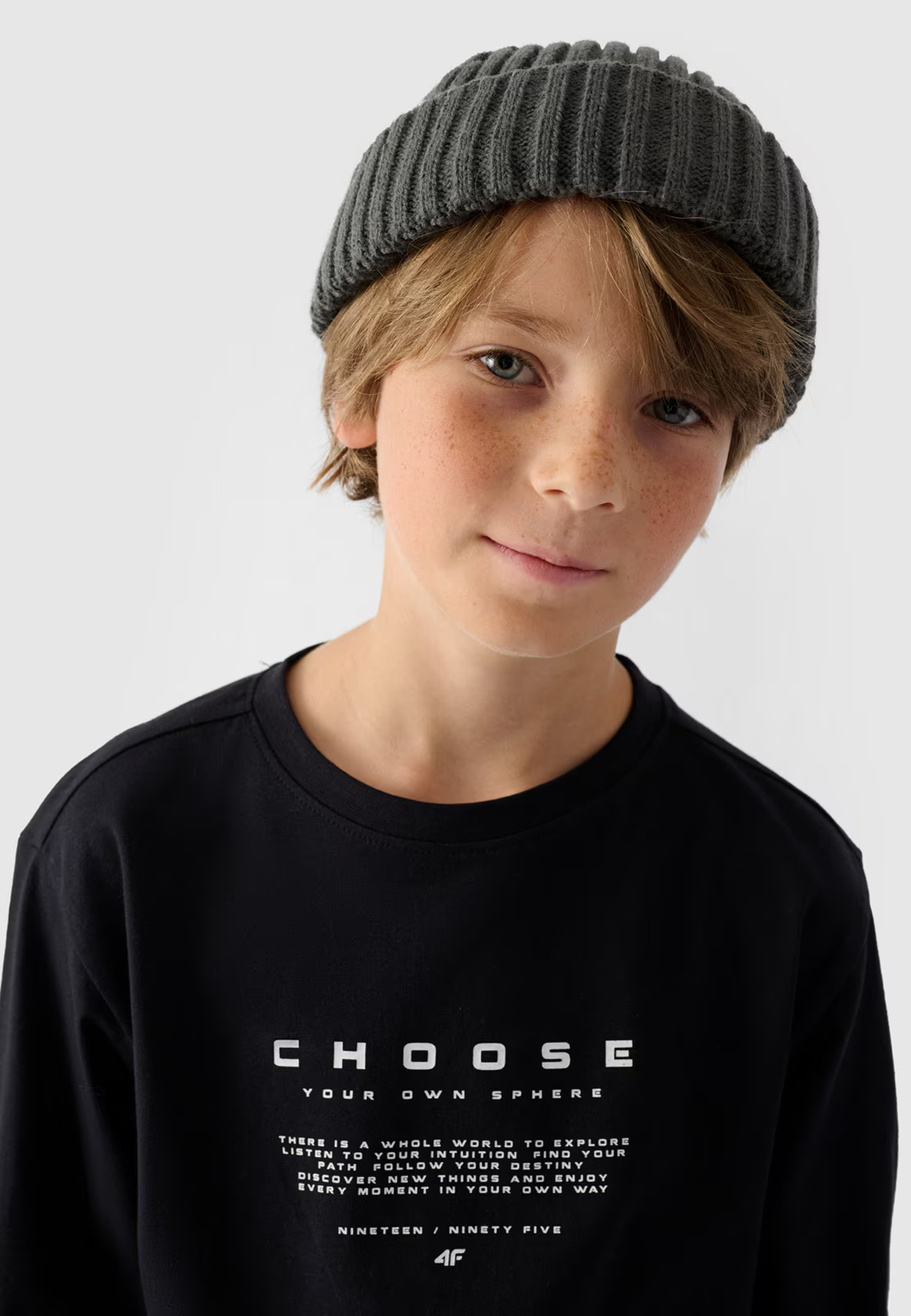 Longsleeve Chłopięcy 4F Regular Z Nadrukiem Czarny 4FJWAW24TLONM294