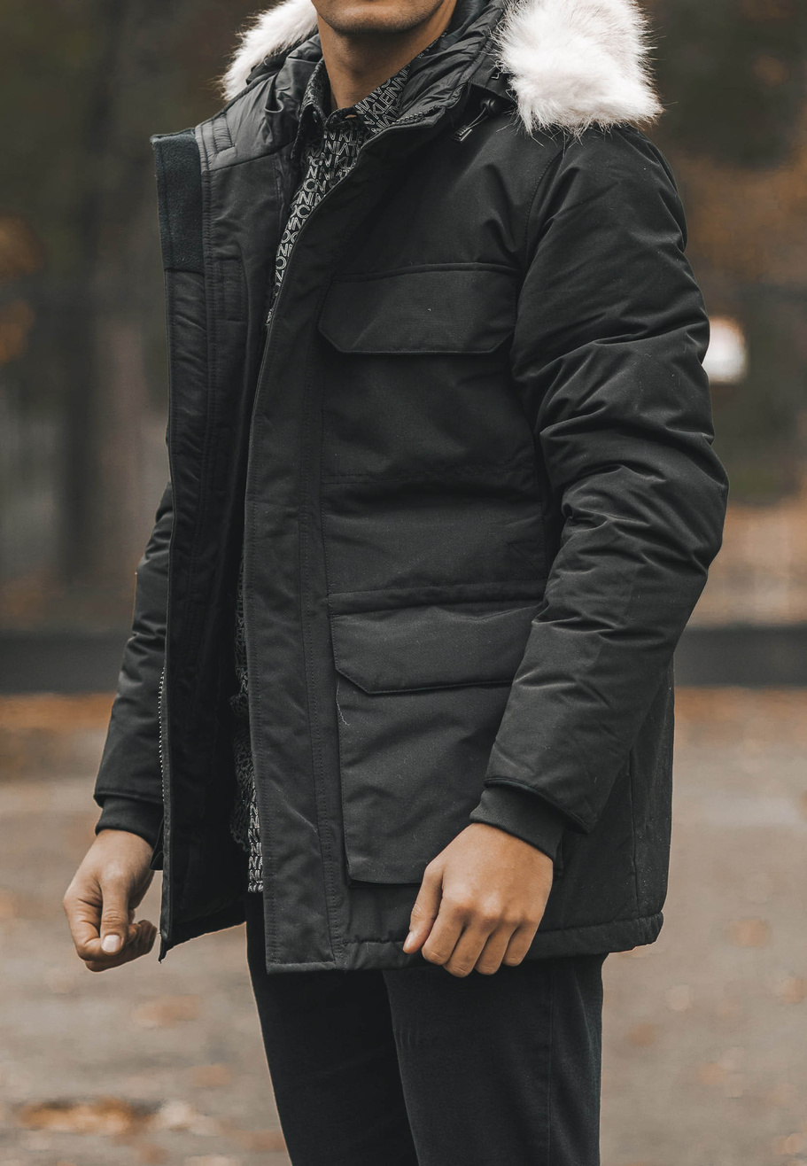 Kurtka Męska Długa Parka Czarna Elegancka