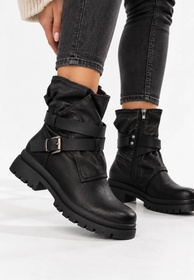 Botki Damskie Ekoskóra Buty Z Paskami Ocieplane Casual Czarne
