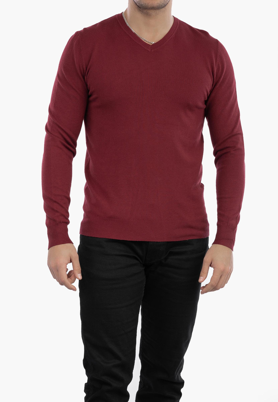 Sweter Męski Elegancki Klasyczny w serek Bordowy S2005