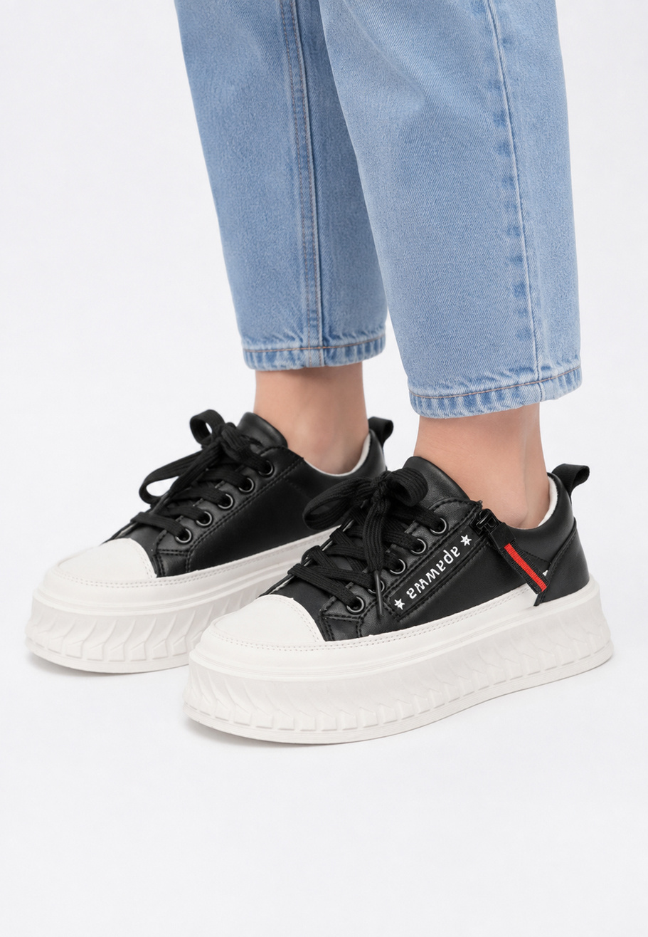 Trampki Dziecięce Sneakersy Skórzana Wkładka Buty Na Platformie Czarne APAWWA