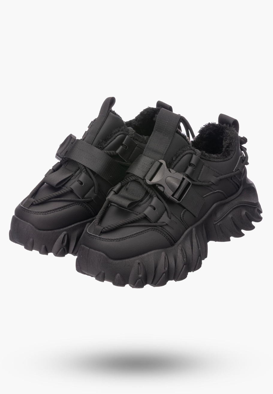 Buty Damskie Czarne Sneakersy na wysokiej podeszwie ocieplane 364