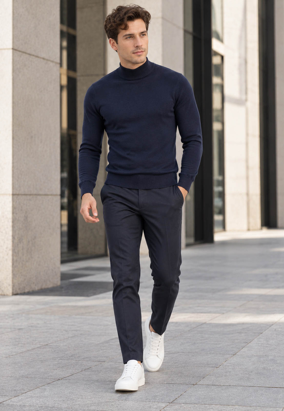 Półgolf męski Slim Fit mocno dopasowany gładki ze stójką granatowy klasyczny