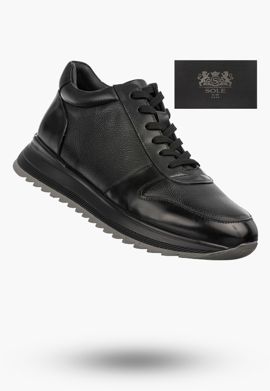 Trzewiki Skórzane Męskie Buty Sneakersy Wysokie PREMIUM SOLE Czarne