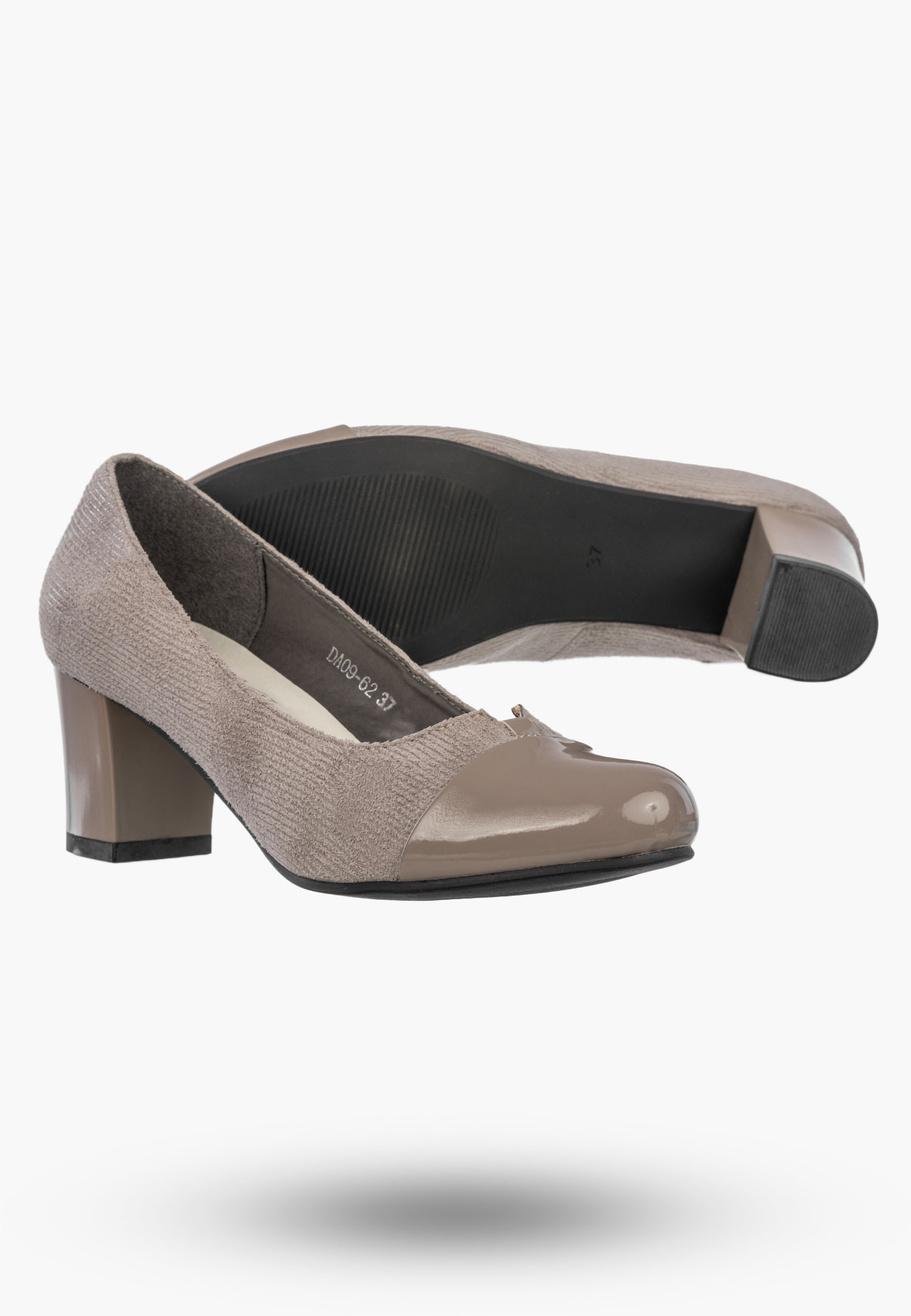 Czółenka Damskie Ekoskóra Buty Na Słupku Eleganckie Niskie Szarobrązowe
