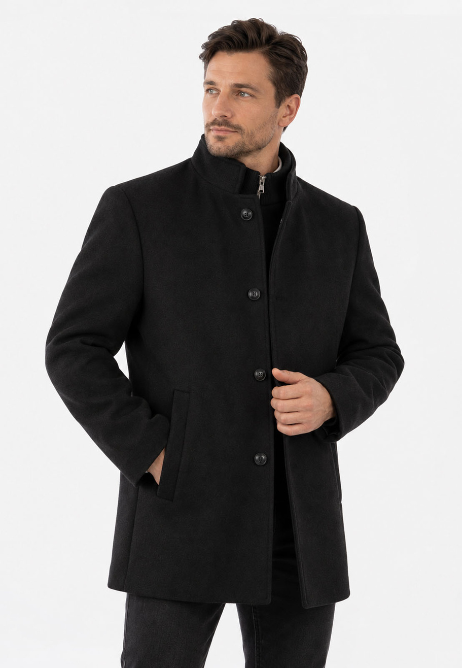 Płaszcz Męski Jednorzędowy Wełniany Z Odpinaną Stójką Elegancki Czarny