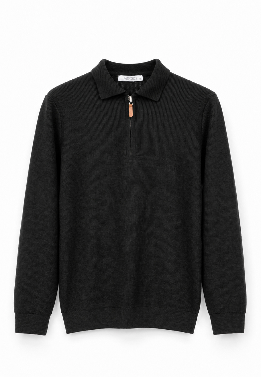 Sweter Męski Bawełniany Z Półzamkiem Stójką Elegancki Klasyczny Czarny