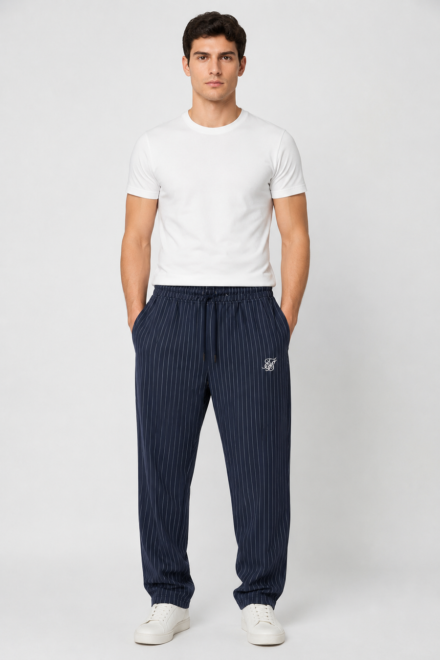 Spodnie Męskie SIKSILK Eleganckie Prążkowane Casual Joggery Granatowe
