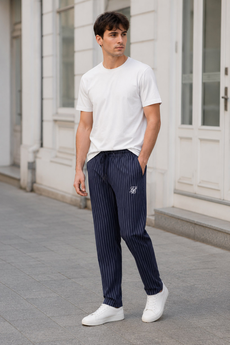 Spodnie Męskie SIKSILK Eleganckie Prążkowane Casual Joggery Granatowe
