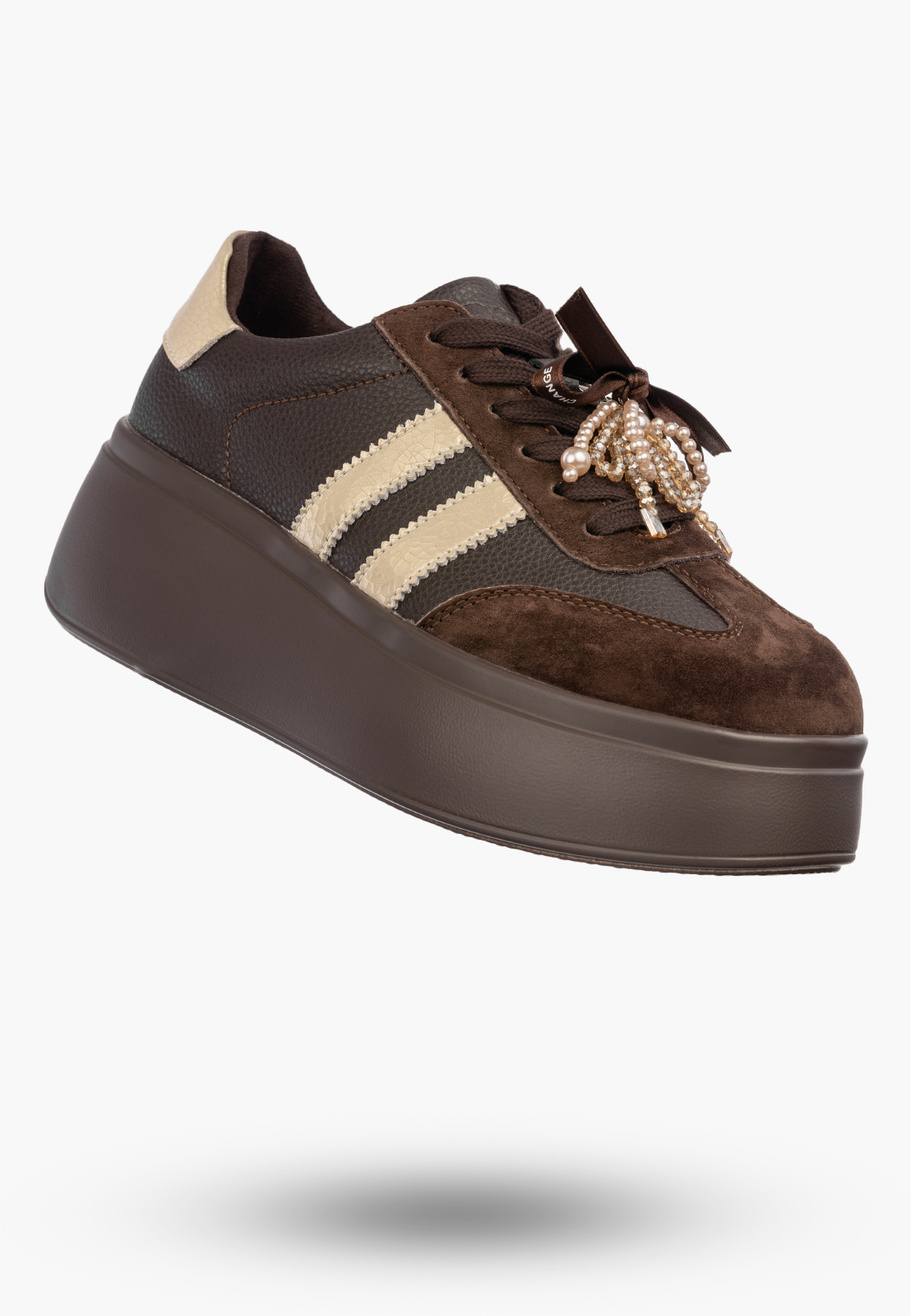 Sneakersy Damskie Skórzane Półbuty Buty Na Platformie Brązowe D&A