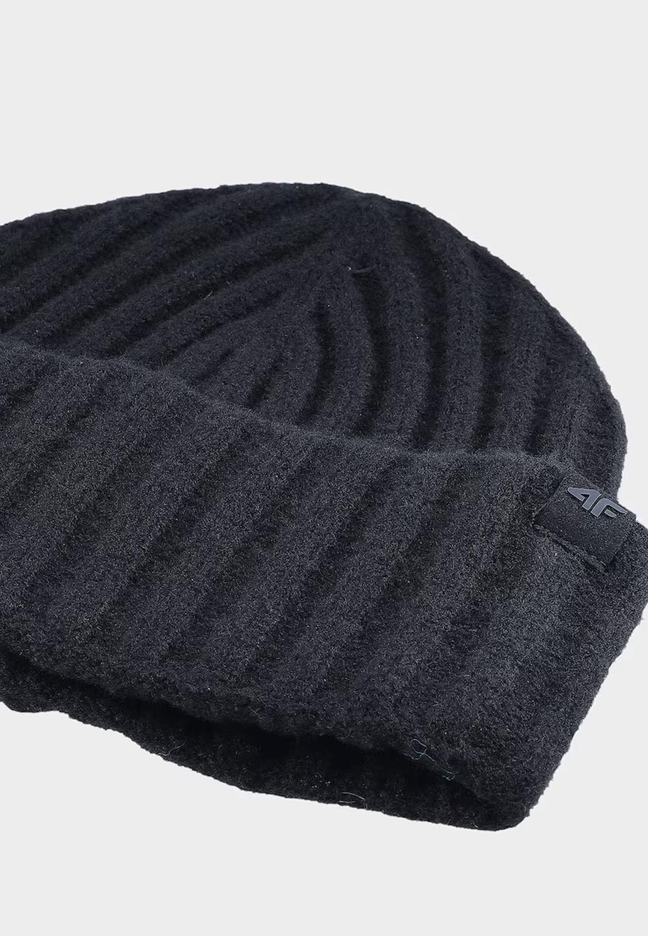 Czapka Damska Sportowa 4F Zimowa Beanie Dzianinowa Prążkowana Czarna 4FWAW24ACAPF451
