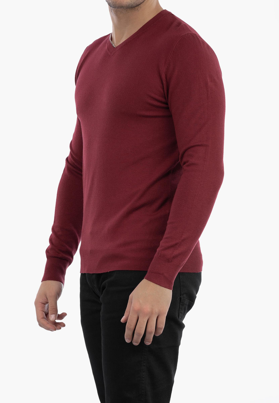 Sweter Męski Elegancki Klasyczny w serek Bordowy S2005