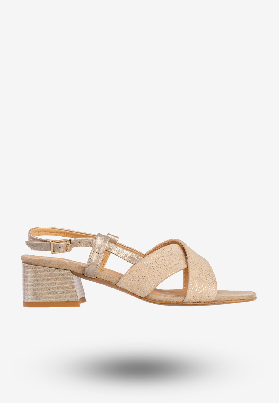 Sandały Damskie Skórzane Buty Eleganckie Na Klocku Beżowe EMMA 8782