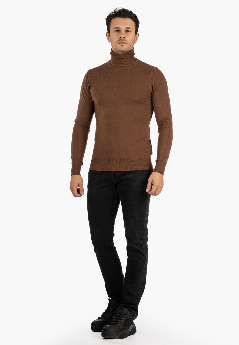 Sweter Męski Golf Elegancki Klasyczny Brązowy Tony Moro