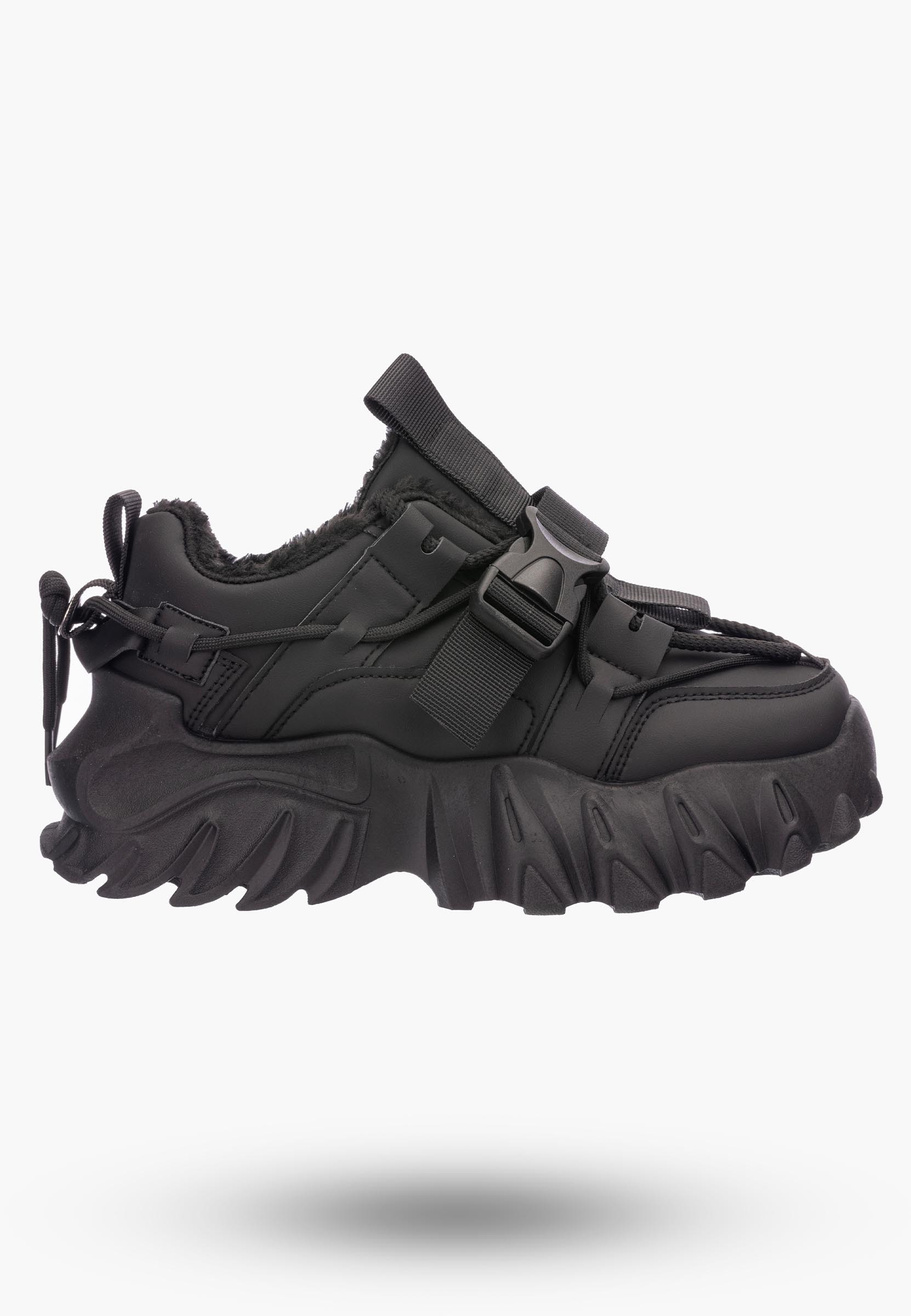 Buty Damskie Czarne Sneakersy na wysokiej podeszwie ocieplane 364