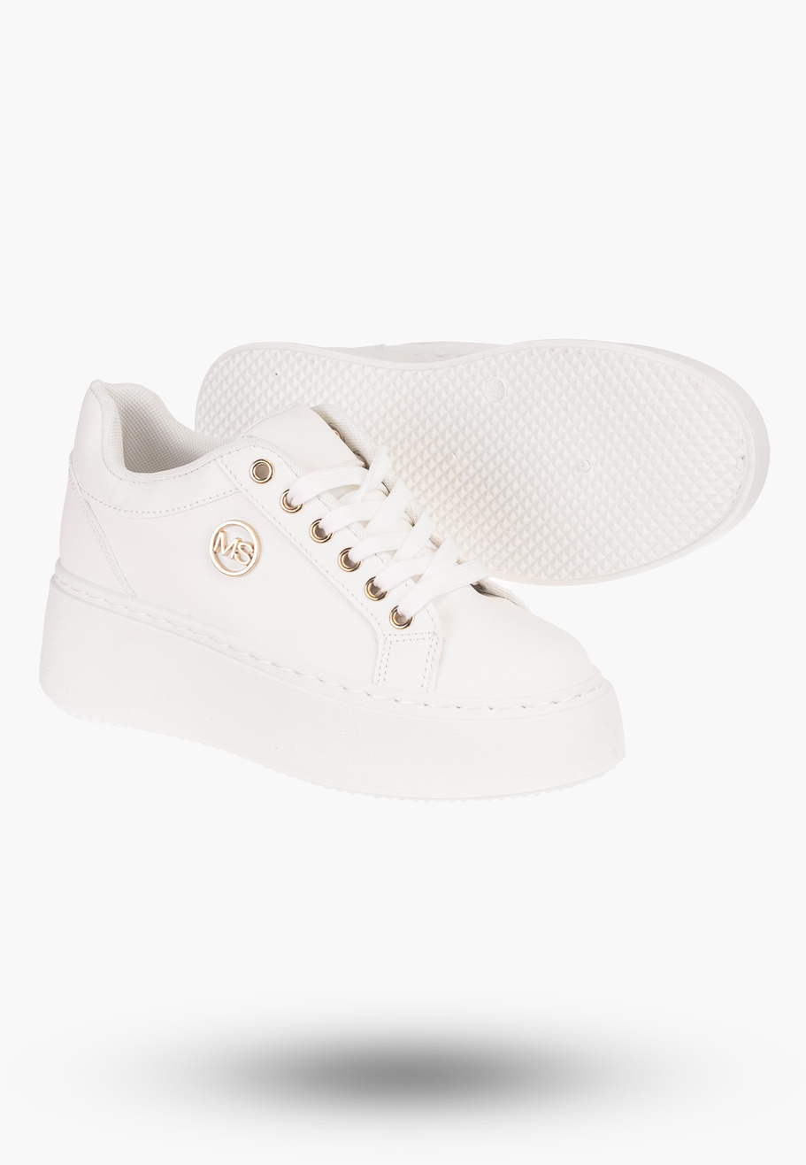 Sneakersy Damskie Białe na wysokie podeszwie z subtelną ozdobą