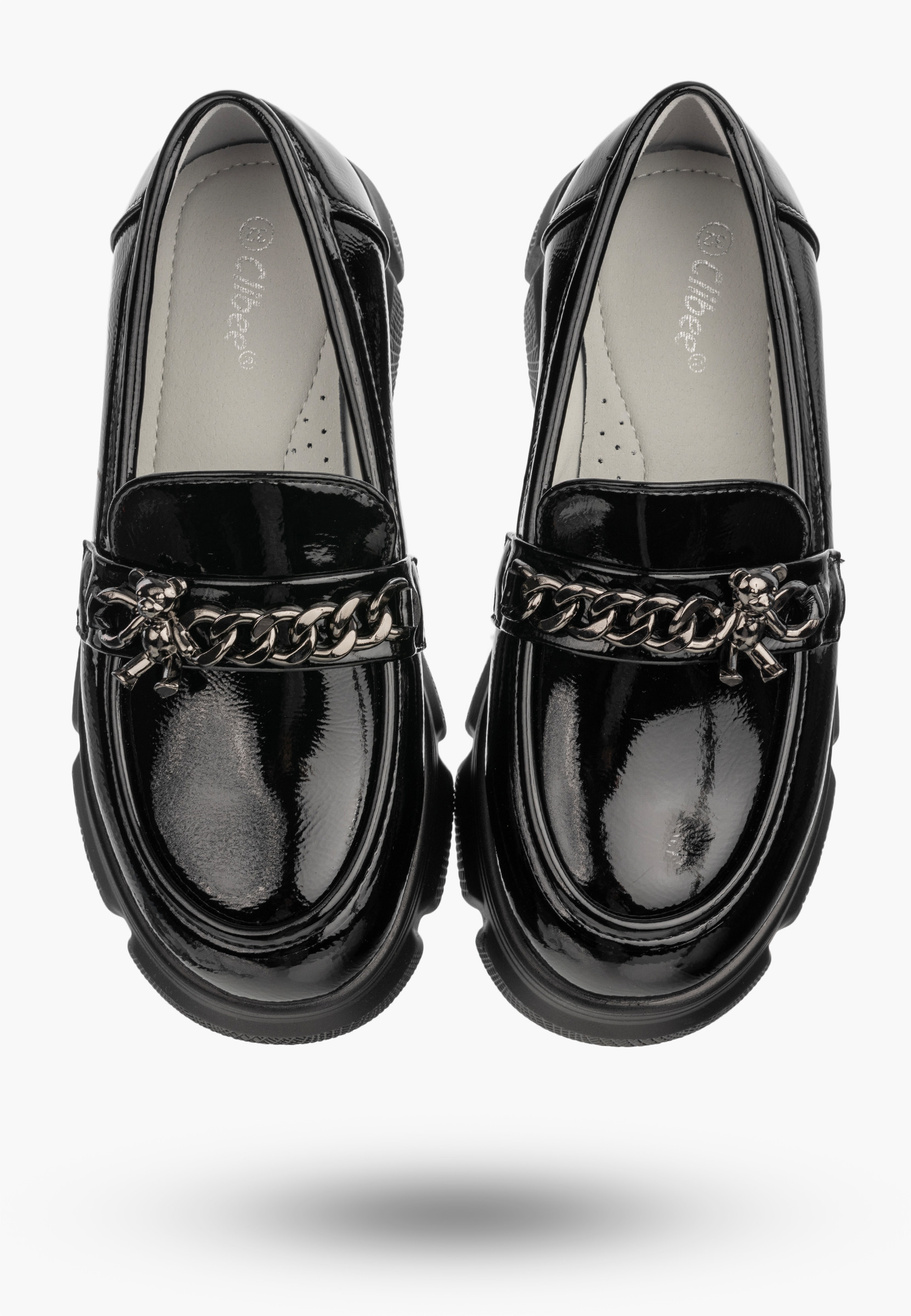 Mokasyny Dziewczęce Ekoskóra Buty Eleganckie Półbuty Lakierowane Czarne Clibee