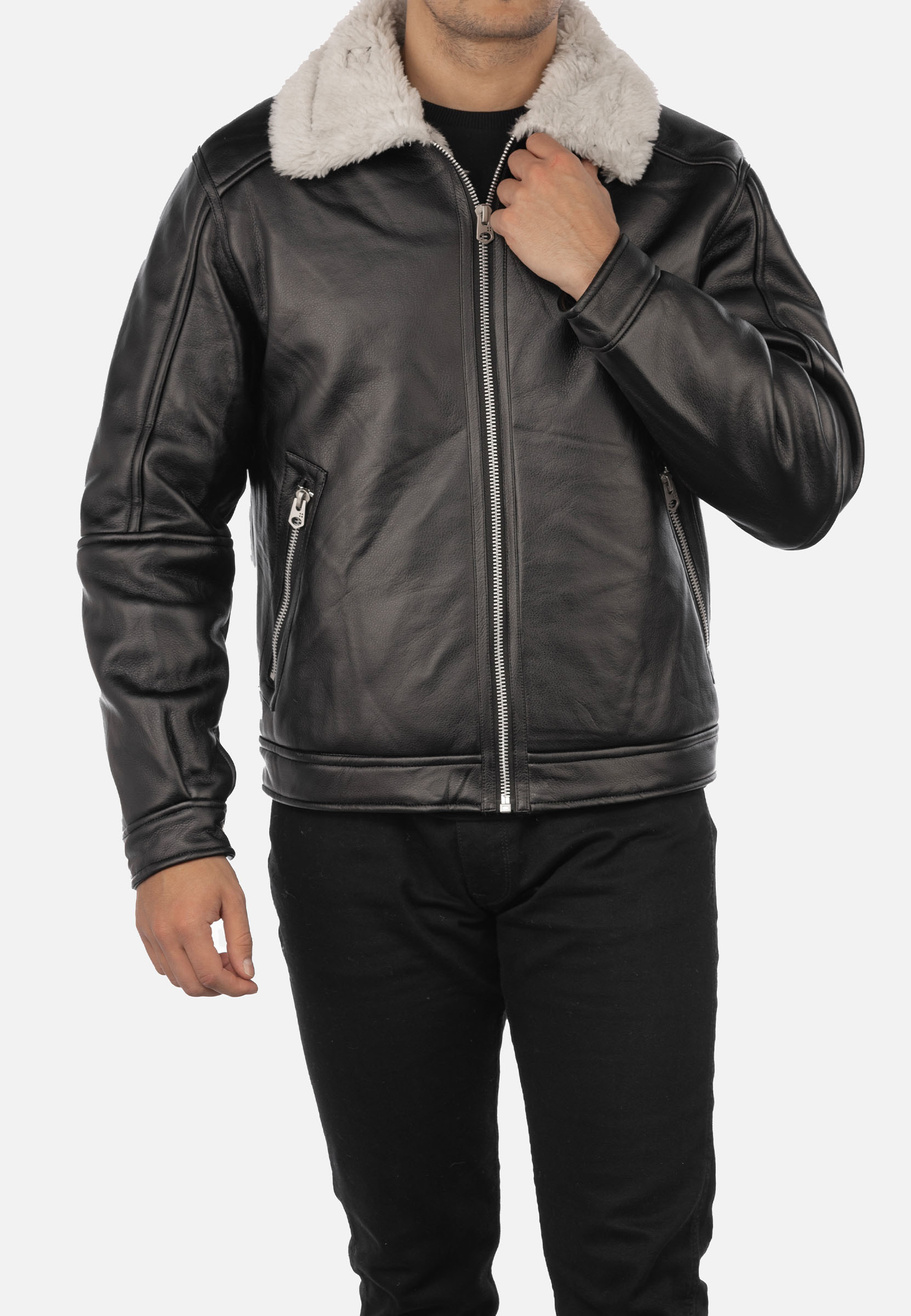 Kożuch Męski Kurtka Czarna Pilotka z białym kołnierzem Slim Fit 15-K-2024
