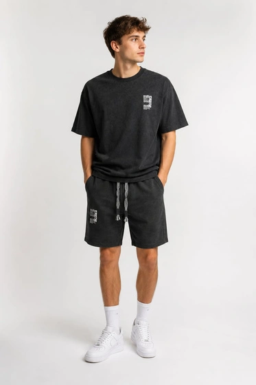 Komplet Męski T-Shirt Szorty Dresowe Casual Letni Zestaw Bawełniany Czarny