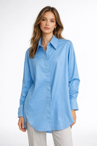 Koszula Damska Elegancka Niebieska Oversize Wizytowa Bawełna EDAN