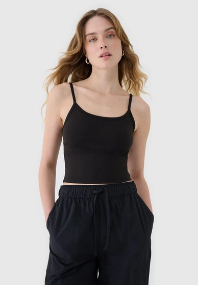 Crop-top Damski 4F Slim Fit Koszulka Na Ramiączkach Czarna 4FWSS25TSLEF127