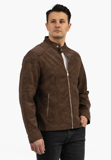 Kurtka Męska Ramoneska Ekoskóra Biker Elegancka ze stójką Brązowa KYMAXX