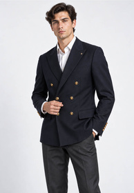 Marynarka Męska Frappoli Dwurzędowa Elegancka Slim Fit Z Wełną Granatowa