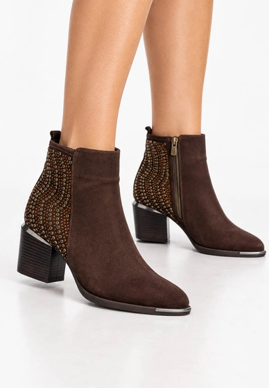 Botki Damskie Skórzane Buty Zamszowe Na Zamek Na Klocku Eleganckie Brązowe
