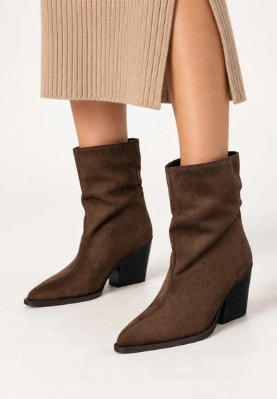 Botki Damskie Buty Na Zimę Eleganckie Stylowe Wsuwane Brązowe