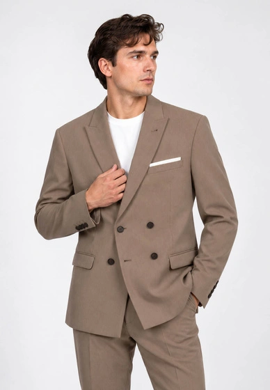 Marynarka Męska Dwurzędowa Elegancka Wizytowa Dopasowana Slim Fit Beżowa
