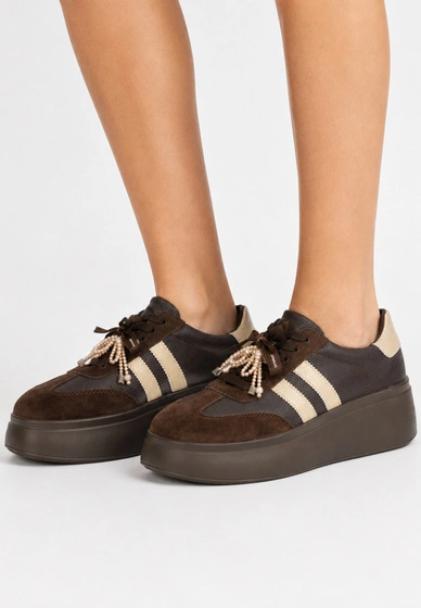 Sneakersy Damskie Skórzane Półbuty Buty Na Platformie Brązowe D&A