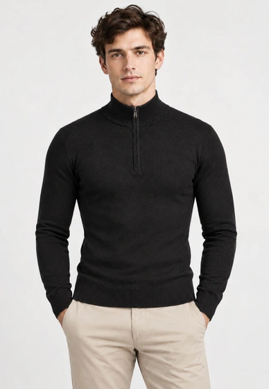 Sweter męski cienki czarny z półzamkiem i półgolfem gładki casual