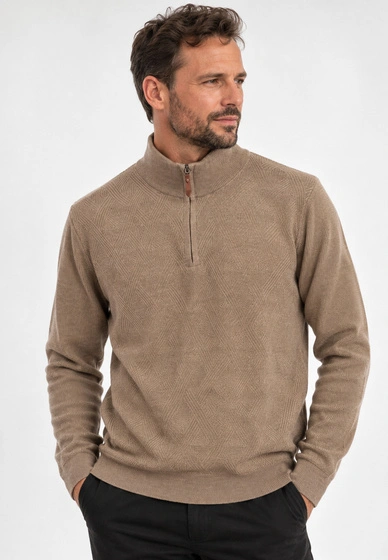 Sweter Męski Bawełniany Z Półzamkiem Stójką Elegancki  Klasyczny Beżowy