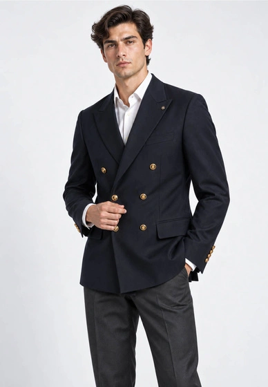 Marynarka Męska Frappoli Dwurzędowa Elegancka Slim Fit Z Wełną Granatowa