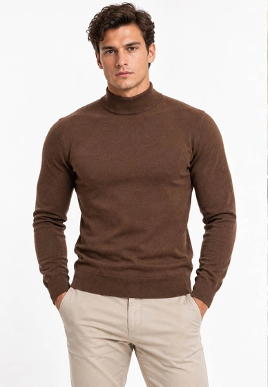 Półgolf męski Slim Fit mocno dopasowany z grubszej dzianiny brązowy Czekolada
