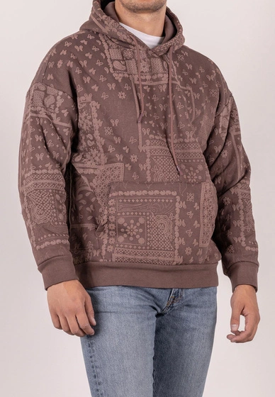 Bluza męska oversize ocieplana z kapturem paisley brązowa