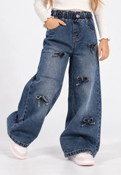 Jeansy Dziewczęce Szerokie z Kokardkami Wysoki Stan Denim Niebieskie