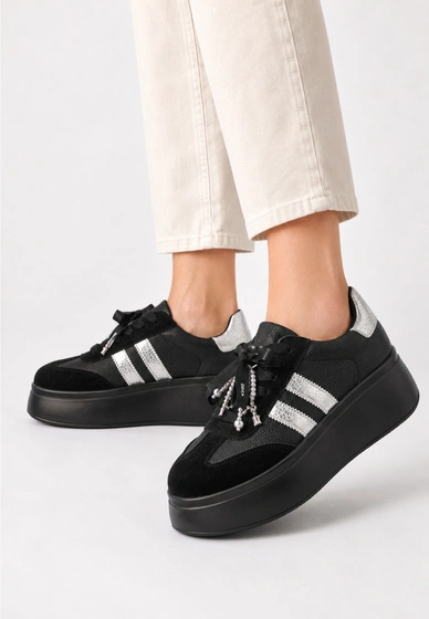 Sneakersy Damskie Skórzane Półbuty Buty Na Platformie Czarne D&A