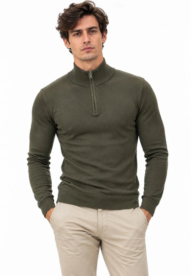 Sweter męski zielony cienki z półzamkiem i półgolfem gładki casual