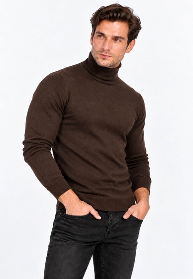 Golf Męski Elegancki Sweter Slim Fit Dopasowany Klasyczny Brązowy
