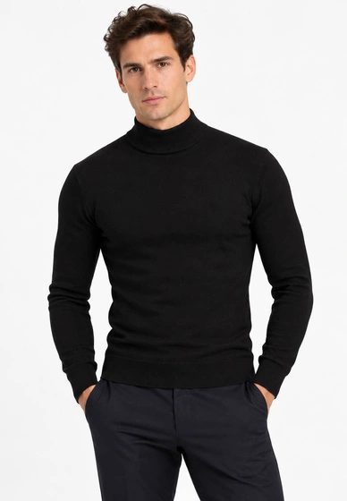 Półgolf męski Slim Fit mocno dopasowany z grubszej dzianiny czarny klasyczny