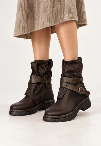 Botki Damskie Ekoskóra Buty Z Paskami Ocieplane Casual Brązowe