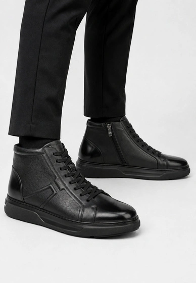 Trzewiki Skórzane Męskie Buty Sneakersy Wysokie PREMIUM SOLE Czarne