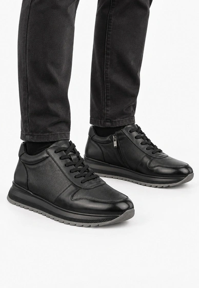 Trzewiki Skórzane Męskie Buty Sneakersy Wysokie PREMIUM SOLE Czarne
