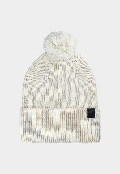 Czapka Uniseks 4F Sportowa Zimowa Beanie Dzianinowa Z Pomponem Kremowa 4FWAW24ACAPU472