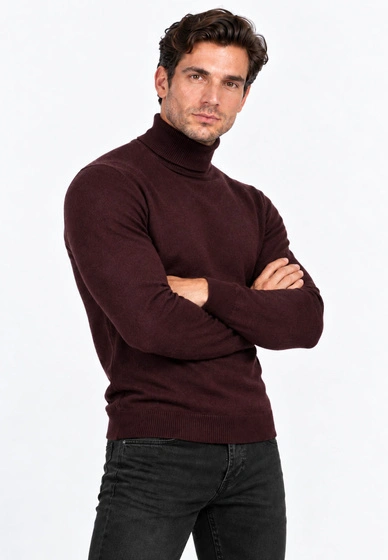 Golf Męski Elegancki Sweter Slim Fit Dopasowany Klasyczny Bordowy