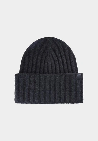 Czapka Damska Sportowa 4F Zimowa Beanie Dzianinowa Prążkowana Czarna 4FWAW24ACAPF451