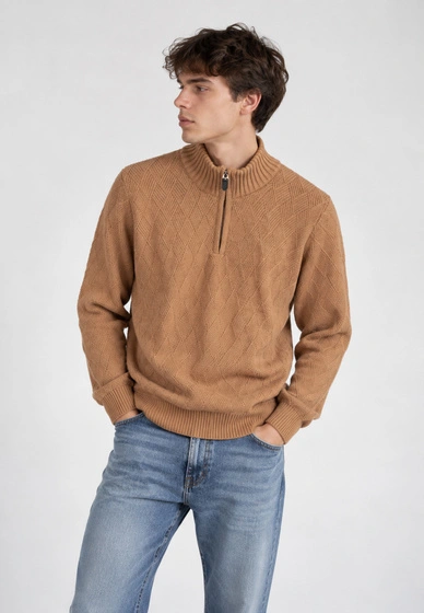 Sweter Męski Ze Stójką i zamkiem Bawełniany Klasyczny Ciepły Camel