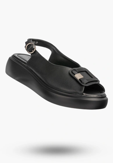 Sandały Damskie Skórzane Buty Czarne Na Platformie Z Ozdobą Letnie Casual