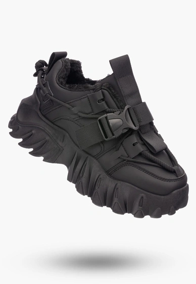 Buty Damskie Czarne Sneakersy na wysokiej podeszwie ocieplane 364